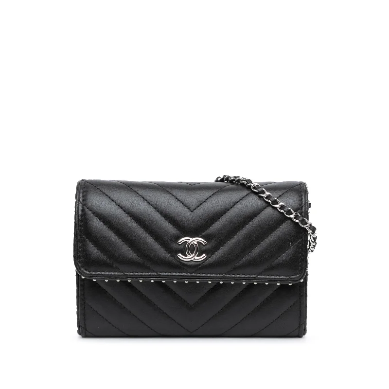 Chanel Handbag with Adjustable Strap for ComfortBlack Chanel CC Chevron Lambskin Studded Wallet On Chain Shoulder Bag