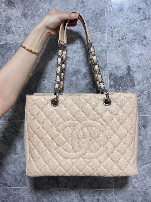 Chanel Vintage Inspired Handbag for Retro LoversBeige Grand Shopping Tote GST with Silver Hardware Caviar