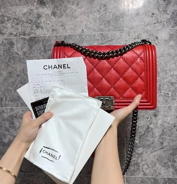 Chanel Designer Handbag with Unique DesignBoy Medium Red Lambskin