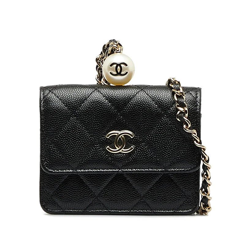 Chanel Luxury Handbag for High - End EventsChanel Matrases Cocomark Fake Pearl Chain CoinPars Card Case Black Caviar   CHANEL