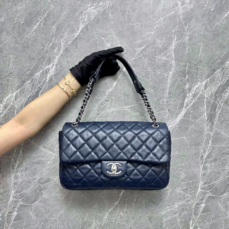 Chanel Limited Edition Handbag for CollectorsSeasonal Flap Perforated Calfskin Punch Navy Blue Shoulder Bag No 19