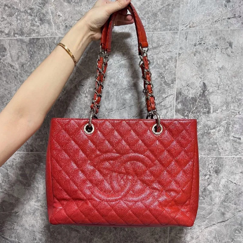 Chanel Luxury Handbag for High - End Events[Entrupy certified]Authentic Grand Shopping Tote GST with Silver hardware (Red Caviar)