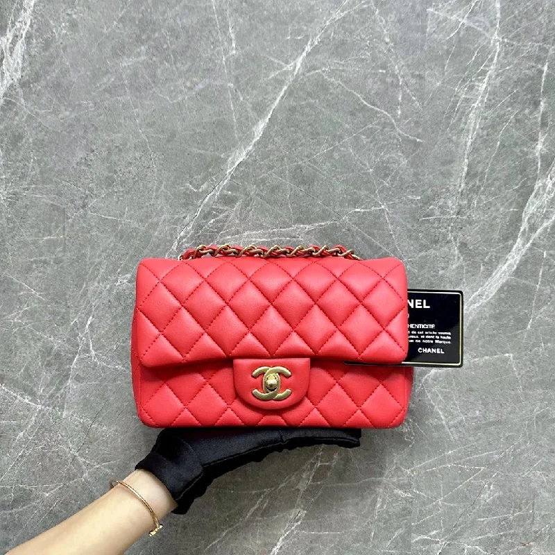 Chanel New Arrival Handbag with Gold Hardware*Like New w/ Box* Mini Rectangular Lambskin Coral No 27