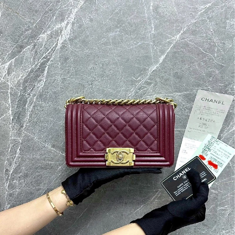 Chanel Small Crossbody Bag for Travel*Receipt Full Set, Like New* Boy Small Lambskin Burgundy GHW No 23