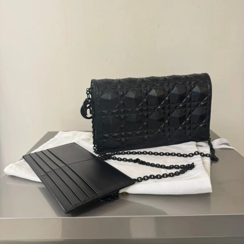 Christian Dior handbags with a detachable mirror for on - the - go touch - upsDior Black Leather Wallet On Chain Bag Medium